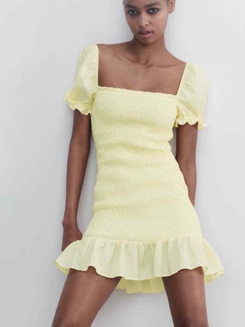 Zara Lemon Smocked Mini Dress with Ruffle Hem - Picture 2 of 7